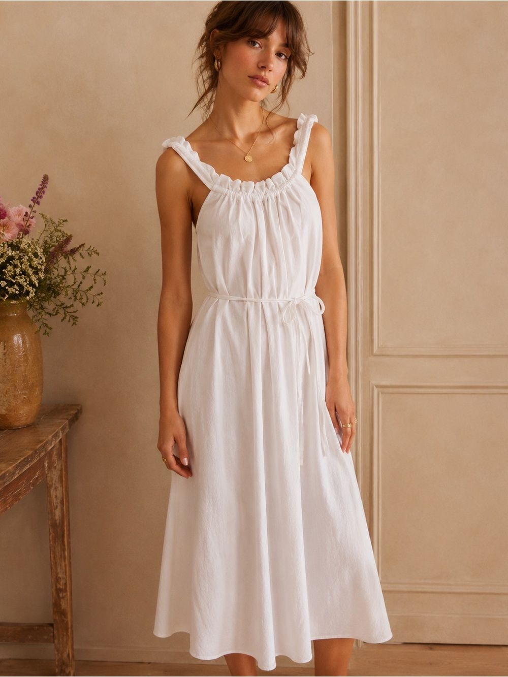 NWT Banana Republic Halter Linen Blend White A-line Midi Sundress size M Natural